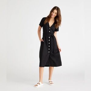 100% European Linen Button Front Dress Black